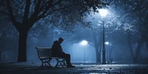pngtree a lonely man sitting on park bench in the rain looking image 16935495